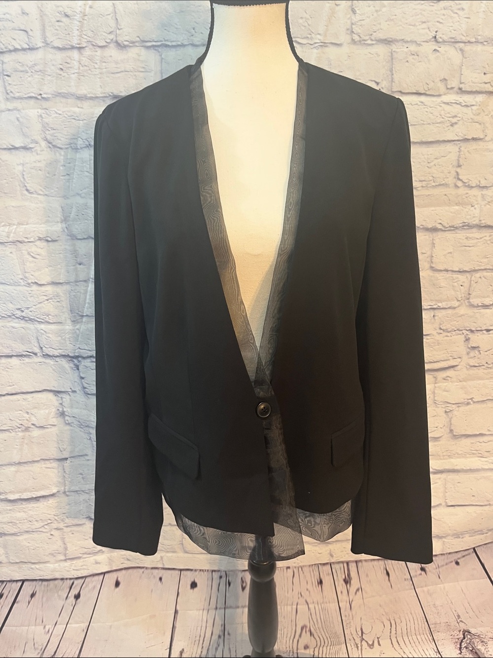 Gap One-Button Tuxedo Blazer Sheer Mesh Trim Black Size 14 Flap Pockets